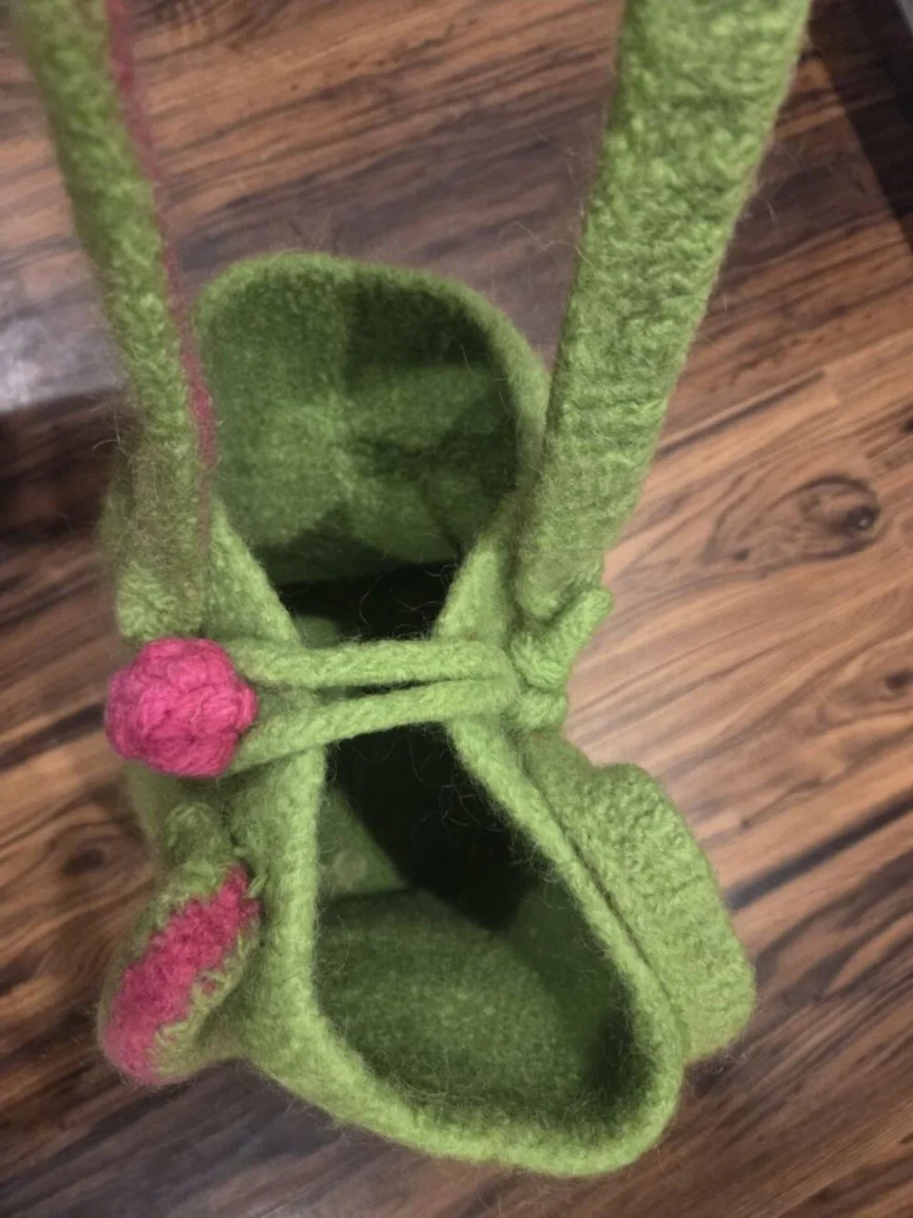 Handmade Felted Wool Tote Lime Green & Pink Parallel Straps Toggle Closure